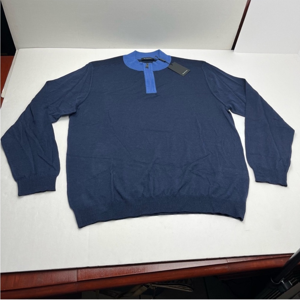 Bugatchi Quarter Zip 100% Merino Wool XL Navy Blue Long Sleeve Sweater NEW *FLAW
